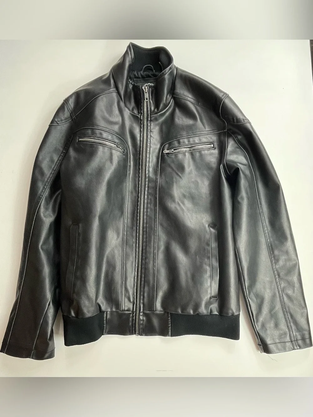 Vince Camuto Men’s Faux Leather Bomber Jacket Coat Black Multi Pockets SzXL